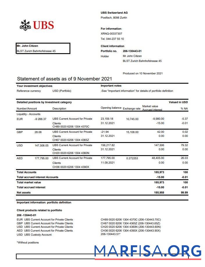 Downloadable Switzerland UBS bank statement excel version2 real example